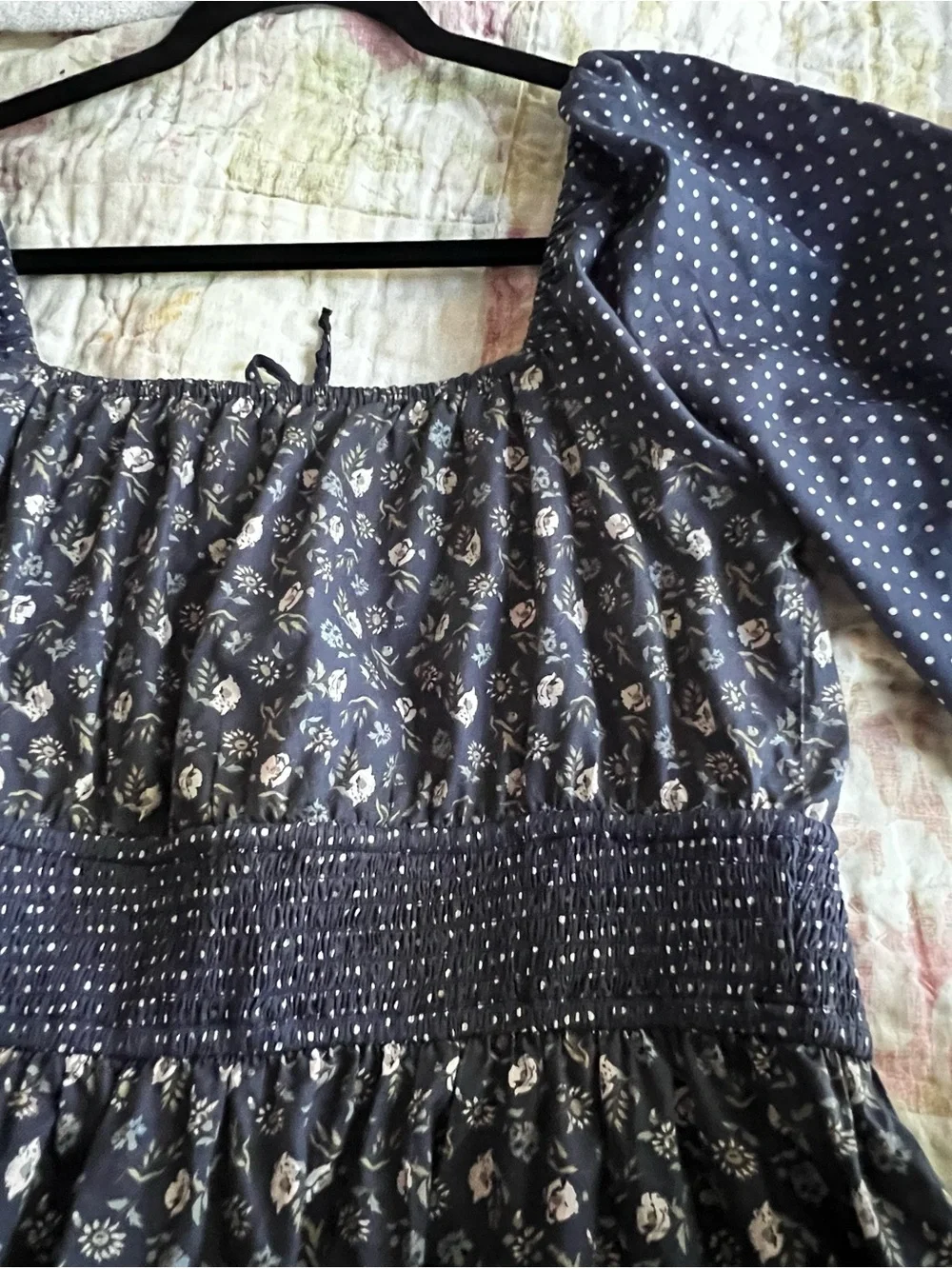 Christy Dawn , Jennica Dress, Navy Floral Dress with White Polka Dot Sleeves